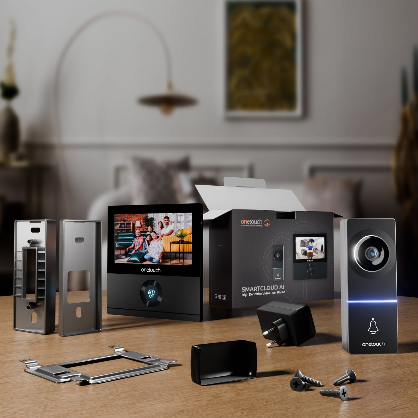 A full HD video door phone with a 7-inch LCD screen, featuring a family photo on the screen, and a black, rectangular unit with a camera and a button for communication.