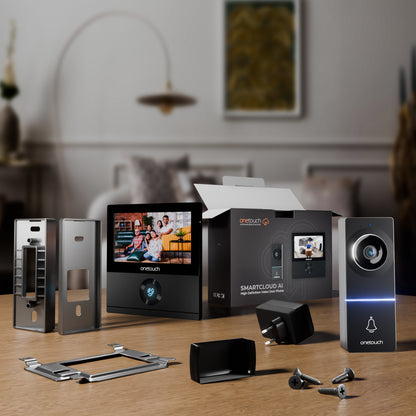 A full HD video door phone with a 7-inch LCD screen, featuring a family photo on the screen, and a black, rectangular unit with a camera and a button for communication.